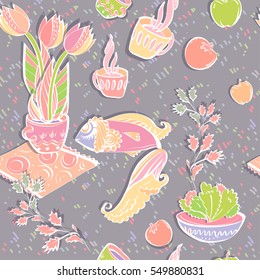 abstract table with tulip and fish. Doodle elements in cartoon style
seamless wallpaper for doll 