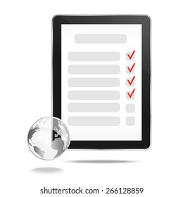 Abstract tablet with checking off tasks and globe. Vector illustration for posters, banners and templates