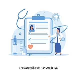 Abstract tablet with patient health status and history file. E-health system for data and information collection. flat vector modern illustration