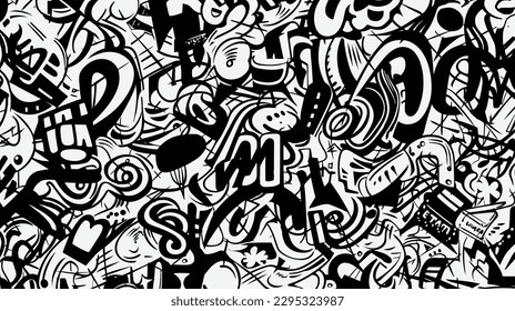 Abstrakter Tag und Letter Vector Graffiti Nahtlose Muster, Retro Street Art Design in Old School Style für T-Shirt, Textilien und Wrapping Paper in Schwarz-Weiß