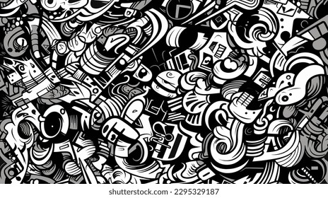 Abstract Tag and Letter Vector Graffiti Seamless Pattern, Retro Street Art Design in Old School Style for T-Shirt, Textile, and Wrapping Paper in Black and White