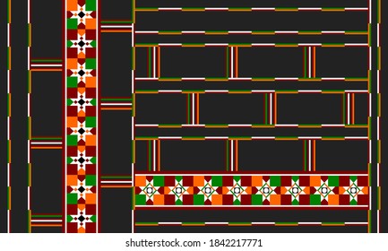 Abstract Tai Dum geometric pattern background, vector circle, triangle and square lines art design. Black and colorful Tai Dum tribal pattern background.
