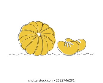 Tangerina abstrata, mandarina, mandarina sem casca e suas fatias. desenho de arte de linha única contínua esboço, logotipo