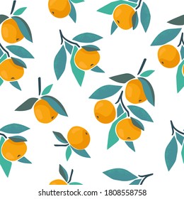 Abstraktes, nahtloses Muster mit Blättern und Zitrusfrüchten. Farbiger Sommerhintergrund für Stoffdesign, Textilien, Hintergrund. Handgezeichnete Vektorgrafik mit Orangen.
