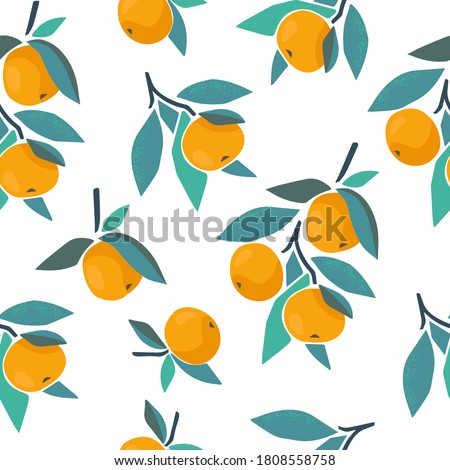 Abstract tangerine seamless pattern with leaves and citrus fruits. Colorful summer background for fabric design print, textile, backdrops. Hand-drawn style vector illustration with oranges.