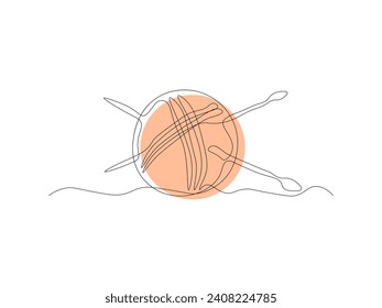 Abstract tangle with threads and knitting needles, knitting, continuous one line art hand drawing sketch
