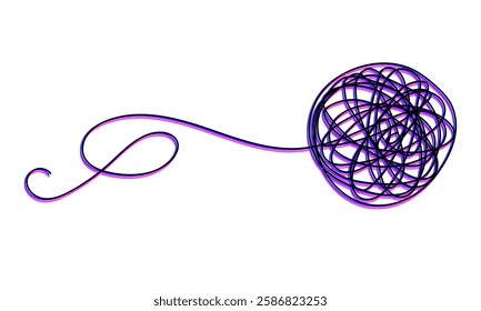 Abstract tangled ball of thread. Editable one continious line. Minimalistic digital illustration with neon-style accents. For design projects, concepts of complexity, or creativity