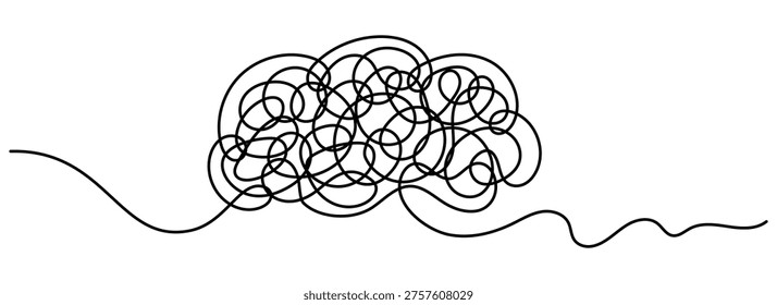 Abstract tangled brain line with chaotic scribble and continuous flowing line, concept of stress anxiety overthinking and mental confusion, creative outline design for psychology and mind