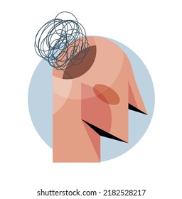 Abstract tangled head. Mental Health, Mindfulness and Psychology. Thoughtful character, uncertainty and insecurity. Man doesnt know what to do. Poster or banner. Cartoon flat vector illustration