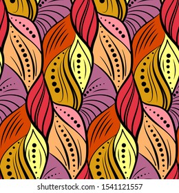 Abstract tangled leaves seamless pattern. Colorful wavy striped background. Endless backdrop. Vector illustration.