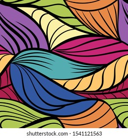 Abstract tangled leaves seamless pattern. Colorful wavy striped background. Endless backdrop. Vector illustration.