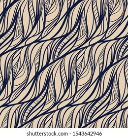 Abstract tangled leaves seamless pattern. Black and white wavy striped background. Endless backdrop. Vector illustration