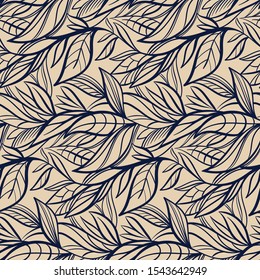 Abstract tangled leaves seamless pattern. Black and white wavy striped background. Endless backdrop. Vector illustration