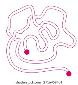 Abstractas arte de líneas enredadas con una vibrante ruta circular rosa y dos puntos de destino, perfecto para conceptos de innovación.