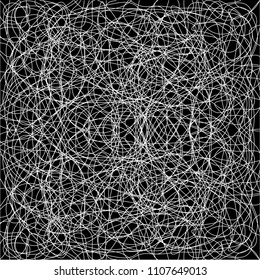 Abstract tangled line pattern vector. Design messy hair line white on black background. Design print for textile, fabric, wallpaper, background. Set 3