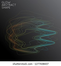 Abstract tangled threads shape isolated on transparent black background. Bright colorful gradient blend creates liquid motion with transparent glow. Energy power plasma with futuristic edge blur