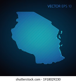 Resumen de la plantilla de mapa de Tanzania hecha de líneas diagonales azules en fondo oscuro. Ilustración del vector EPS10.