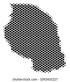 Abstract Tanzania map. Vector halftone geographical scheme. Cartographic pixelated composition. Schematic Tanzania map is created from regular circle spot grid.