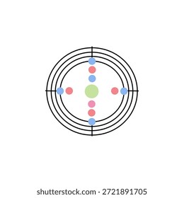 Ilustração de meta abstrata. Círculos concêntricos formam um alvo, com pontos coloridos dispostos ao redor do centro. Design minimalista, estética limpa e moderna. 