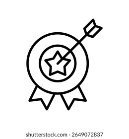 Destino abstrato com forma de estrela e ícone de seta em contorno preto isolado em um fundo branco, transmitindo precisão e objetivo para design gráfico e conceitos de negócios.