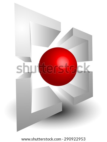 Abstract targetmark, crosshair with red sphere at center, 3d vector graphics