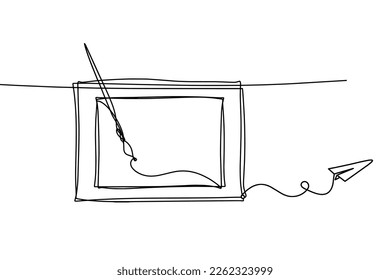 Abstract  tassel and picture with paper plane as line drawing on white background. Vector