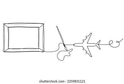 Abstract  tassel and picture with plane as line drawing on white background. Vector