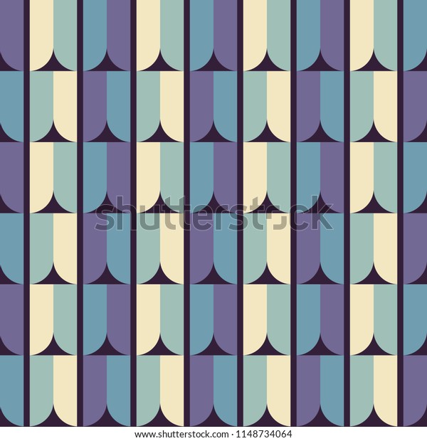 Abstract tasteful seamless repeat\
pattern with pastel arch shapes. Pastel coloured bold elements on\
dark blue background. Great for fashion and paper\
products.