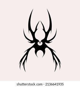 Esbozo de araña con tatuajes abstractos. Diseño artístico del logo de death metal. Ilustración negra en estilo Metalcore sobre fondo blanco.