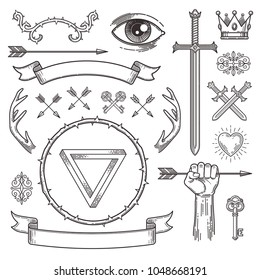 Abstract tattoo style line art heraldic elements. Vector illustration.