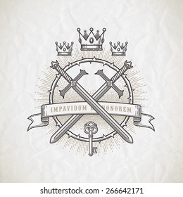 Abstract tattoo style line art emblem with heraldic and knightly elements - vector illustration