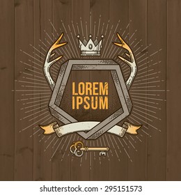 Abstract tattoo style line art emblem with impossible shape, deer horns, crown, key and sunburst on a wooden vintage background - vector illustration