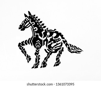 Abstract tattoo style silhouette of a black wild mustang on a white background 