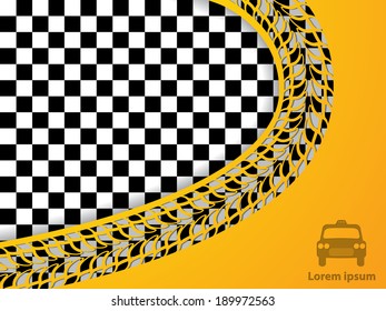Abstract taxi design with checkered background and wave shaped tire tread