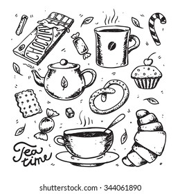 Abstract tea and coffee time vector collection. Desert, cakes, candy, cookies and tea cups on a white background. Line hand drawn vector art.