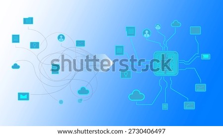 Abstract teal background illustrating transformation from chaotic data to intelligent information architecture for scalable, Use Case and efficient SaaS solutions