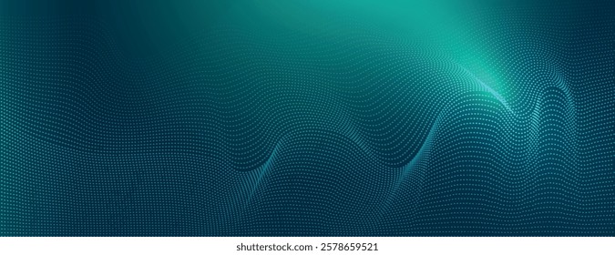 Abstract teal background with a wavy, dotted texture. The teal background creates a dynamic, flowing visual effect. Neon glow halftone pattern background. Turquoise background vector.