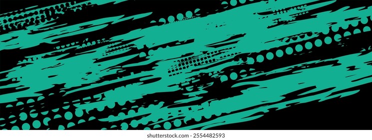 Abstract teal and black graphic design with patterns.