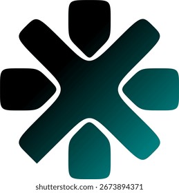 Abstract teal and black symbol with rounded edges.