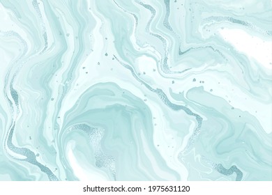 Abstract teal blue liquid marble or watercolor background with glitter foil textured stripes. Pastel marbled alcohol ink drawing effect. Vector illustration design template for wedding invitation.