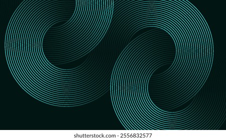 Abstract Teal Green Circular and Wavy Line Pattern on Dark Background - Ideal for Tech, Data, and Networking Themes