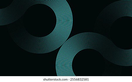 Abstract Teal Green Circular and Wavy Line Pattern on Dark Background - Ideal for Tech, Data, and Networking Themes