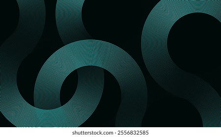 Abstract Teal Green Circular and Wavy Line Pattern on Dark Background - Ideal for Tech, Data, and Networking Themes