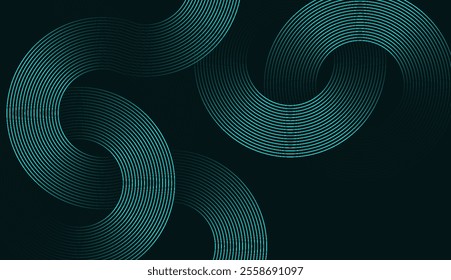 Abstract Teal Green Circular and Wavy Line Pattern on Dark Background - Ideal for Tech, Data, and Networking Themes