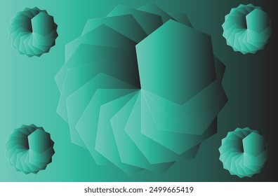 Abstract Teal and Green Geometric Art – Layered Polygonal Spiral Design with Symmetrical Elements, Modern and Futuristic Aesthetic, Perfect for Digital Art, Web Graphics, and Contemporary Creative 