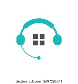 Auriculares Abstractas de color verde azulado e icono de ventana gris sobre fondo blanco