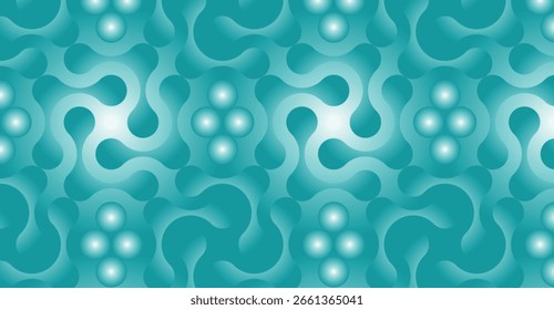 An abstract teal pattern featuring interconnected, flowing shapes and luminous circles, creating a seamless, repeating design.