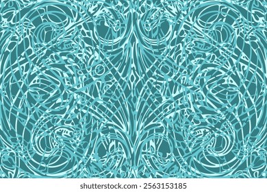 Abstract teal pattern with intricate line designs and swirls in a harmonious arrangement