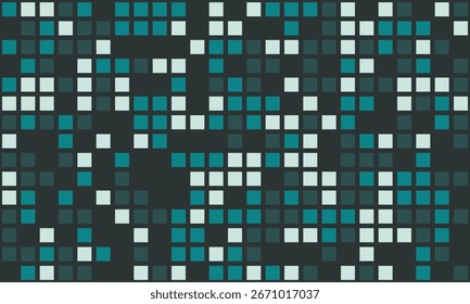 Abstract teal and white square pixel pattern on dark background.  Modern geometric design ideal for tech, website banners, presentations, or digital art. Represents data, technology, or connectivity.