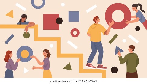 Abstract team. Analytics teamwork. People work together. Workers business support. Colleague in partnership. Geometric figures. Men and women communication. Vector illustration concept